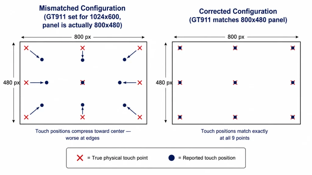 Resolution mismatch visualization — touch positions converging toward center on a panel with mismatched GT911 active area configuration