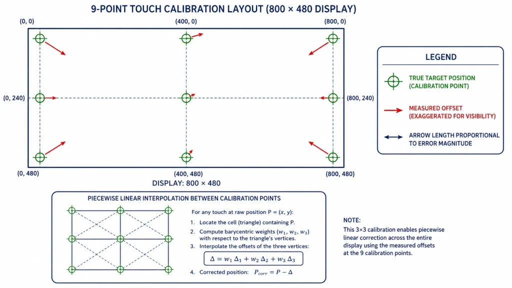 9-point touch calibration grid overlay on an industrial HMI screen showing target positions and measured offset vectors at each point