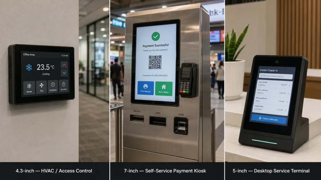 Three ESP32-S3 kiosk/HMI deployment scenarios — public payment kiosk, factory HMI panel, and desktop service terminal — each with a different panel size highlighted