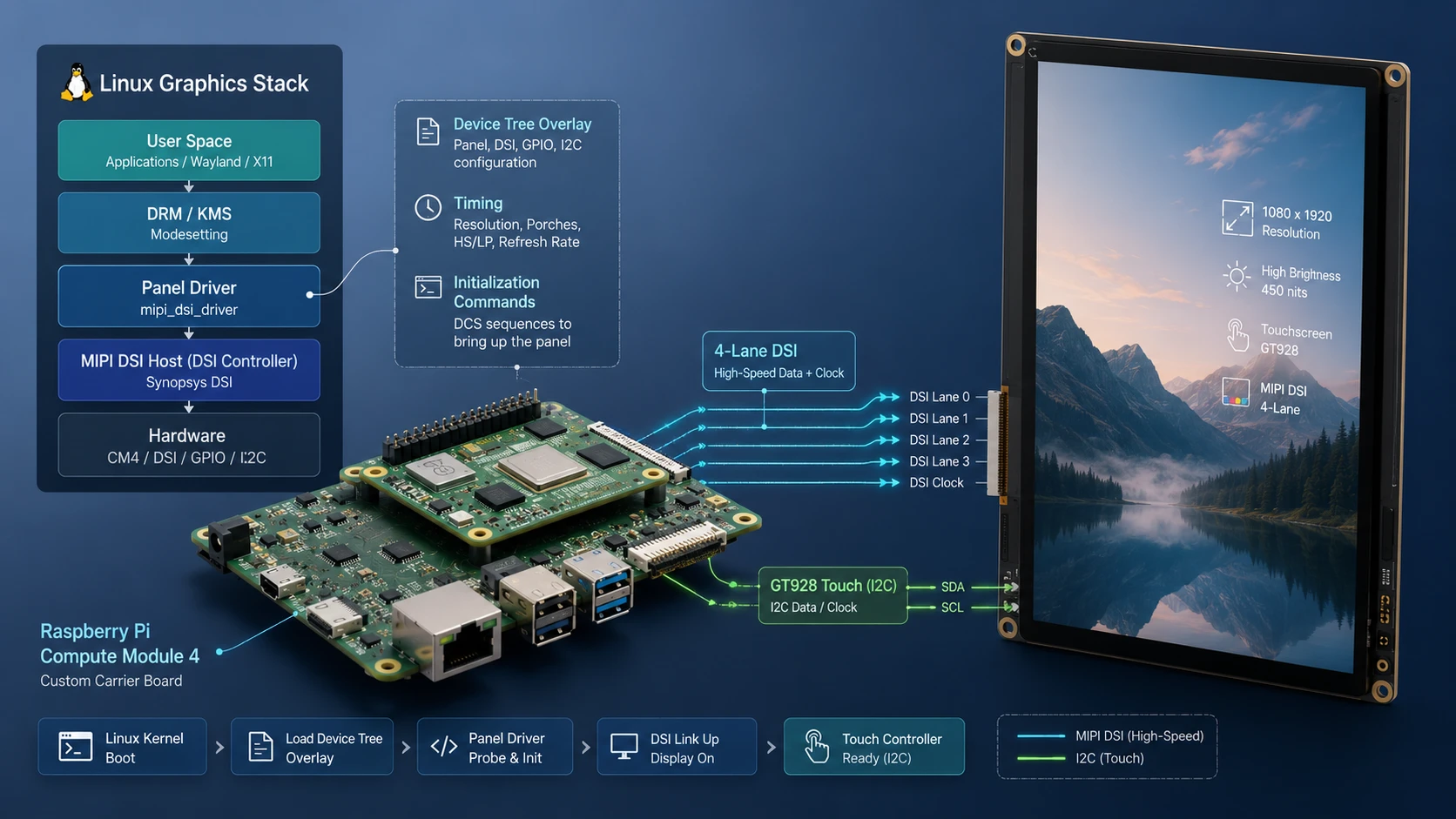 Linux MIPI DSI panel driver architecture on Raspberry Pi CM4 with Device Tree overlay, timing, initialization commands, and touchscreen integration