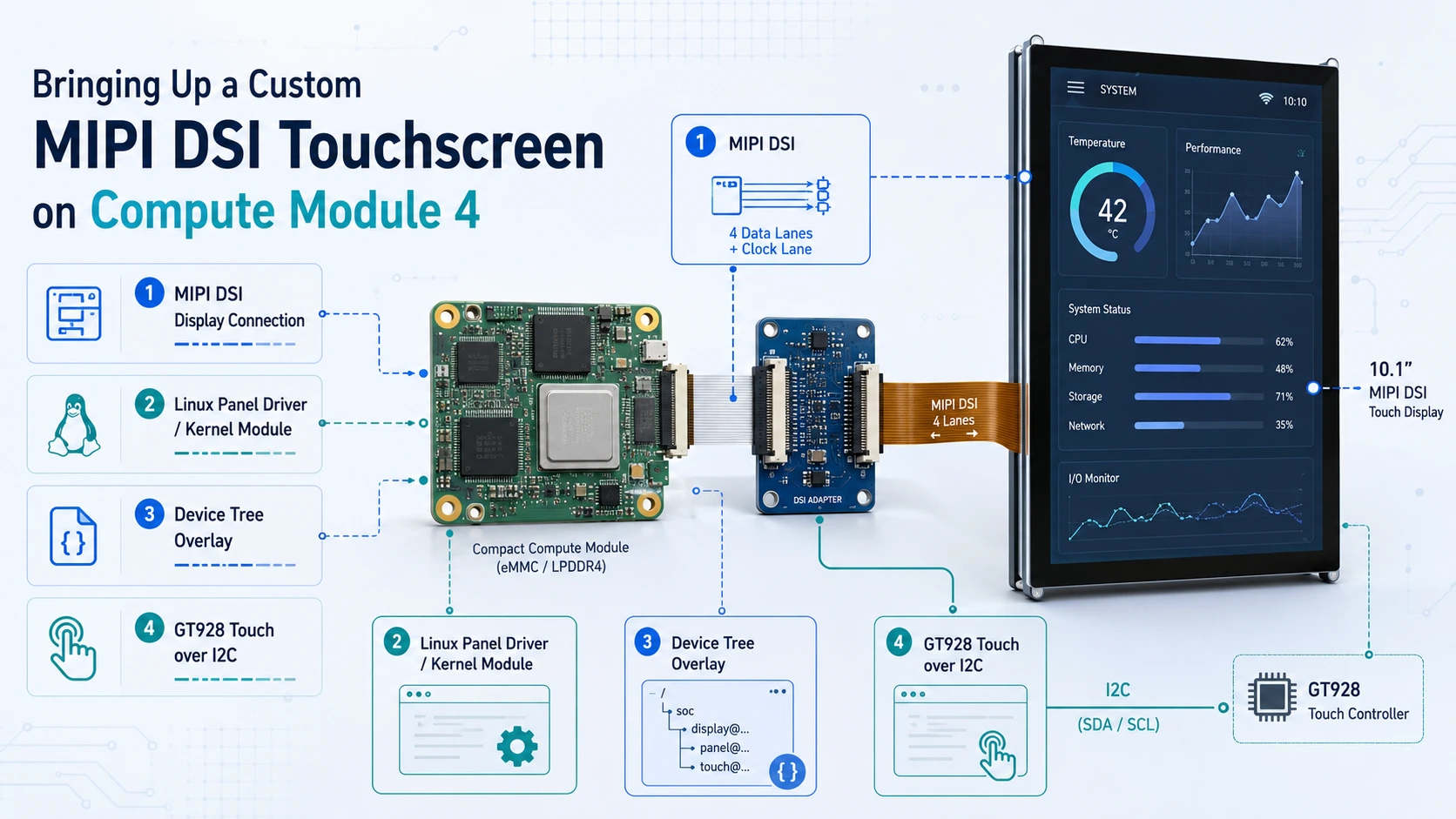 Raspberry Pi CM4 custom MIPI DSI touchscreen bring-up with panel driver, Device Tree overlay, and GT928 touch configuration