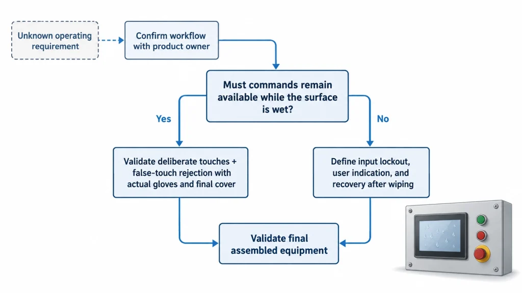 Decision flow separating required wet operation from permitted touchscreen input lockout.