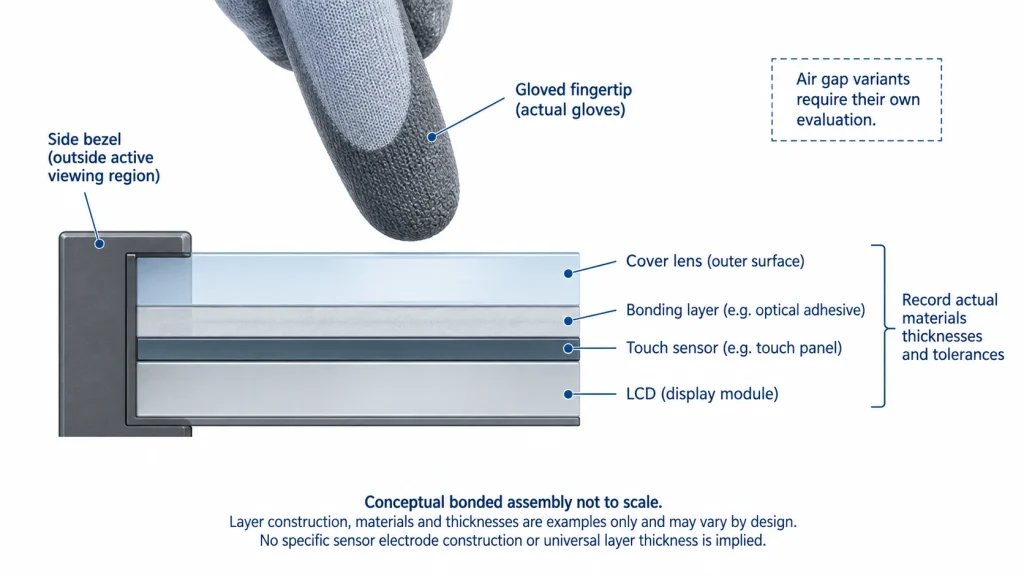 Conceptual gloved finger and bonded cover touch sensor LCD stack with controlled interfaces.