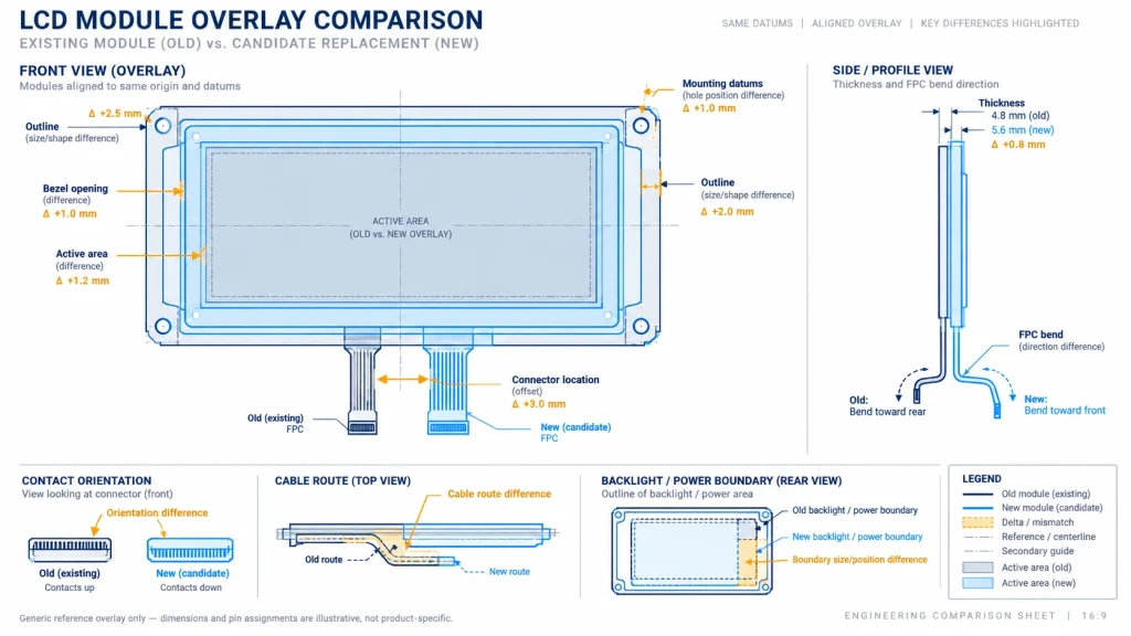 Overlay showing mechanical connector and cable differences between an existing LCD and a replacement candidate