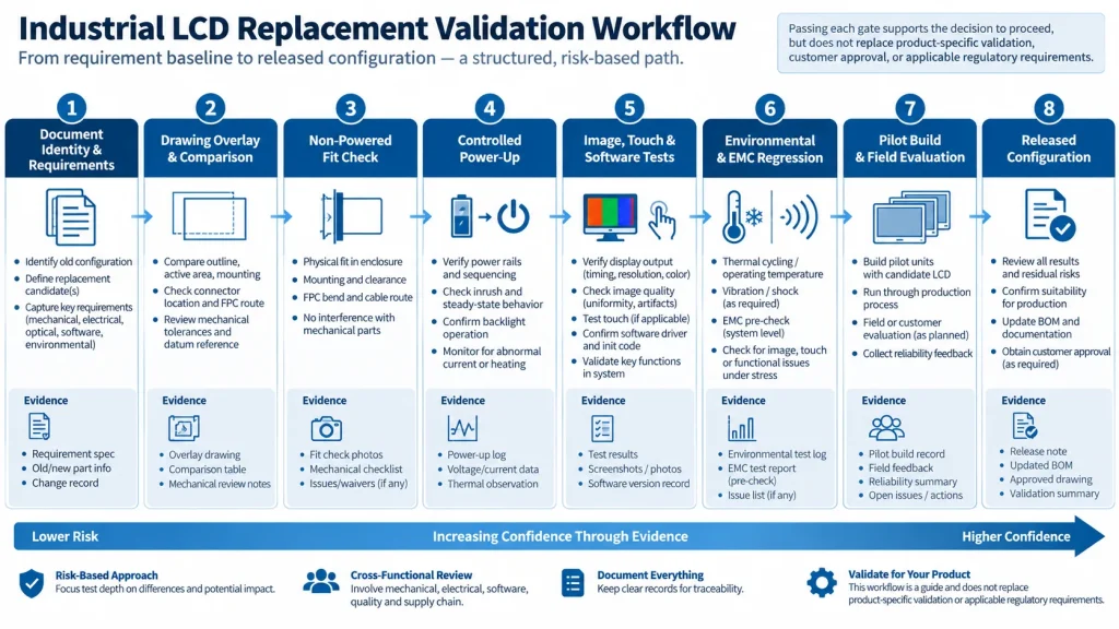Layered qualification workflow for an industrial LCD replacement candidate