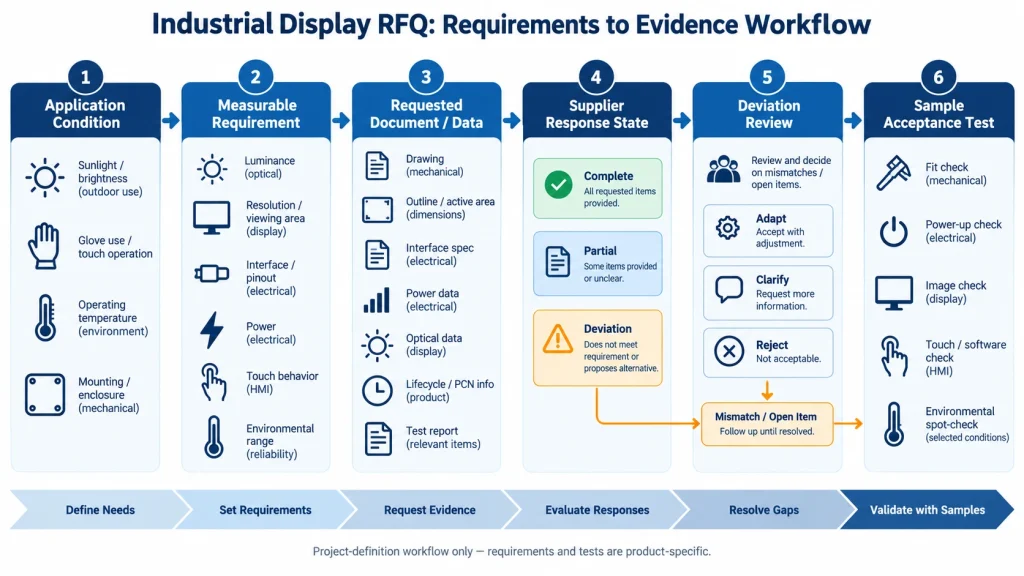 Workflow converting display application needs into supplier evidence and acceptance tests