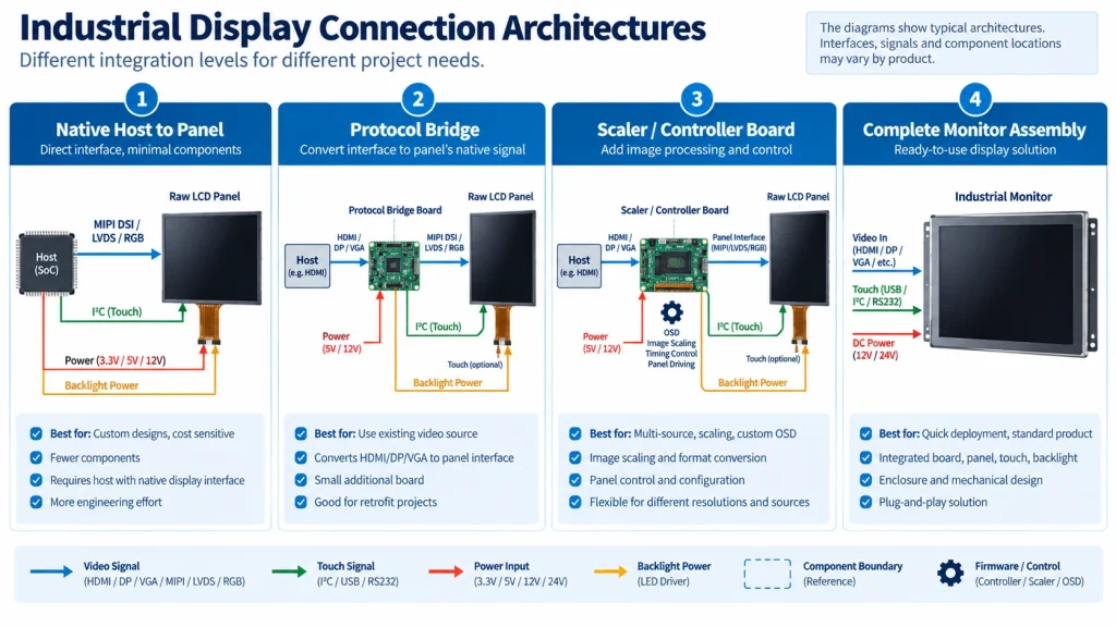 Four architectures for connecting a source to a raw LCD panel.