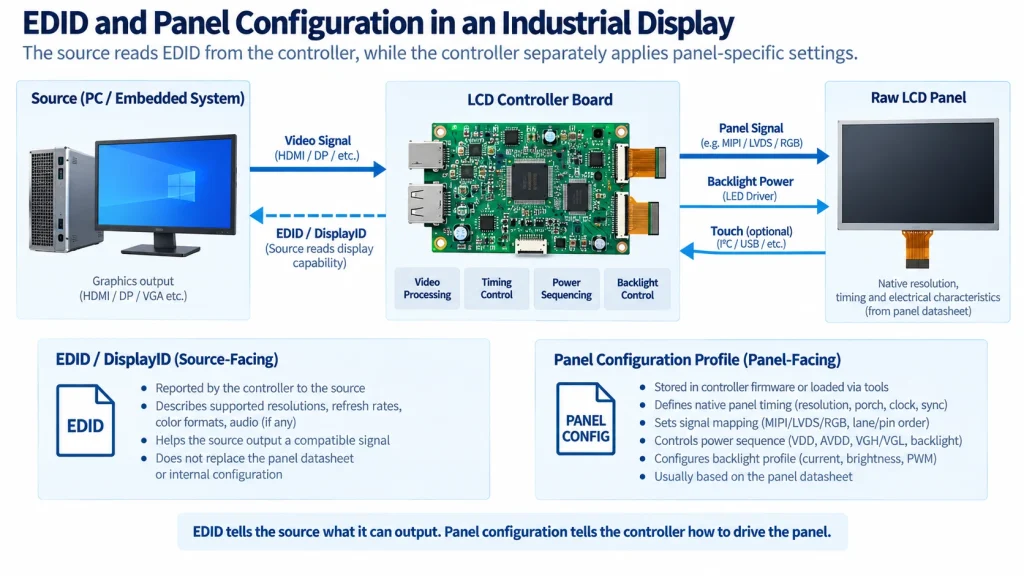 Difference between source-facing EDID and panel-facing raw-panel configuration.