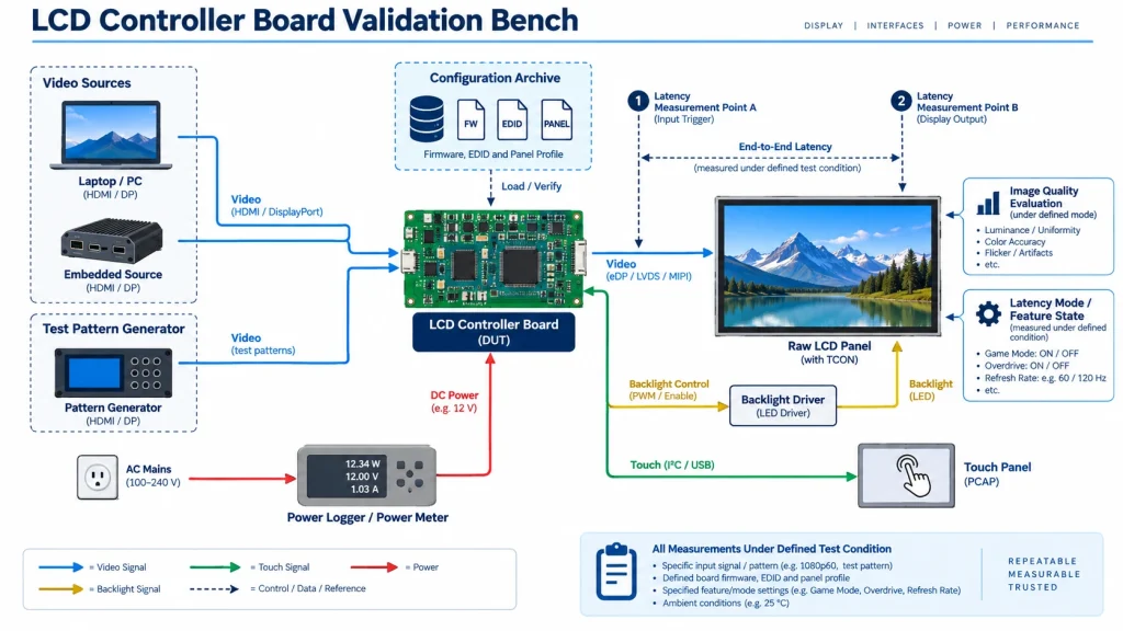 End-to-end validation setup for an LCD controller board.