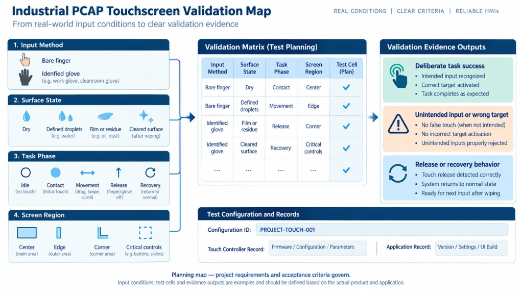 Validation map combining glove, moisture, task phase and screen region into separate deliberate-input, false-input and recovery evidence.