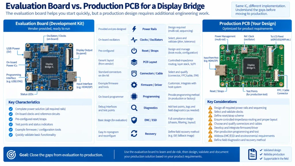 Engineering gaps between a display bridge evaluation board and a production design