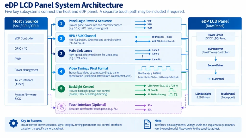 Five subsystems required for eDP LCD panel integration