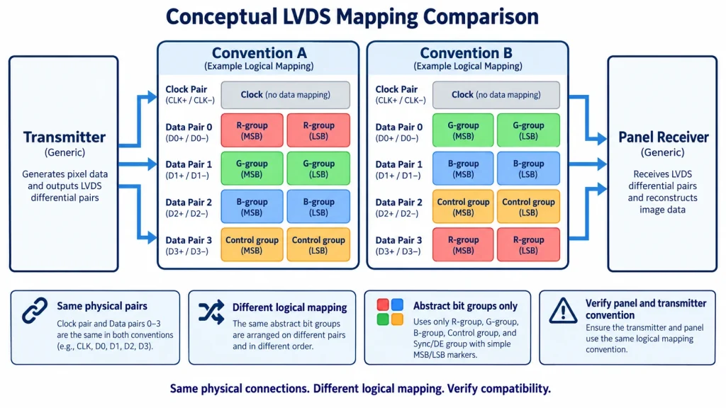 Conceptual comparison of two LVDS logical mapping conventions across the same physical pairs