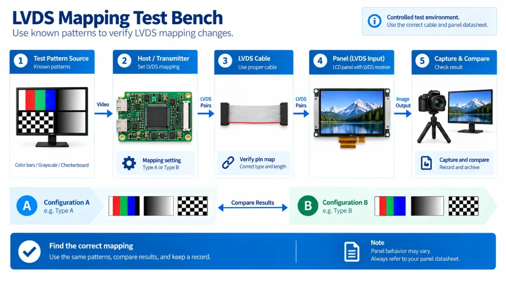 Controlled bench for testing an LVDS mapping change with known patterns