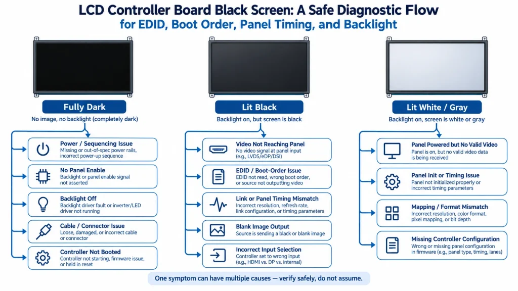 LCD controller black screen triage with dark, lit black and white screen states