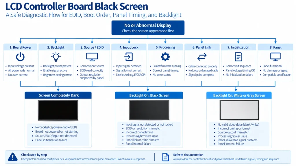 LCD controller black screen fault tree for power, EDID, panel link and backlight