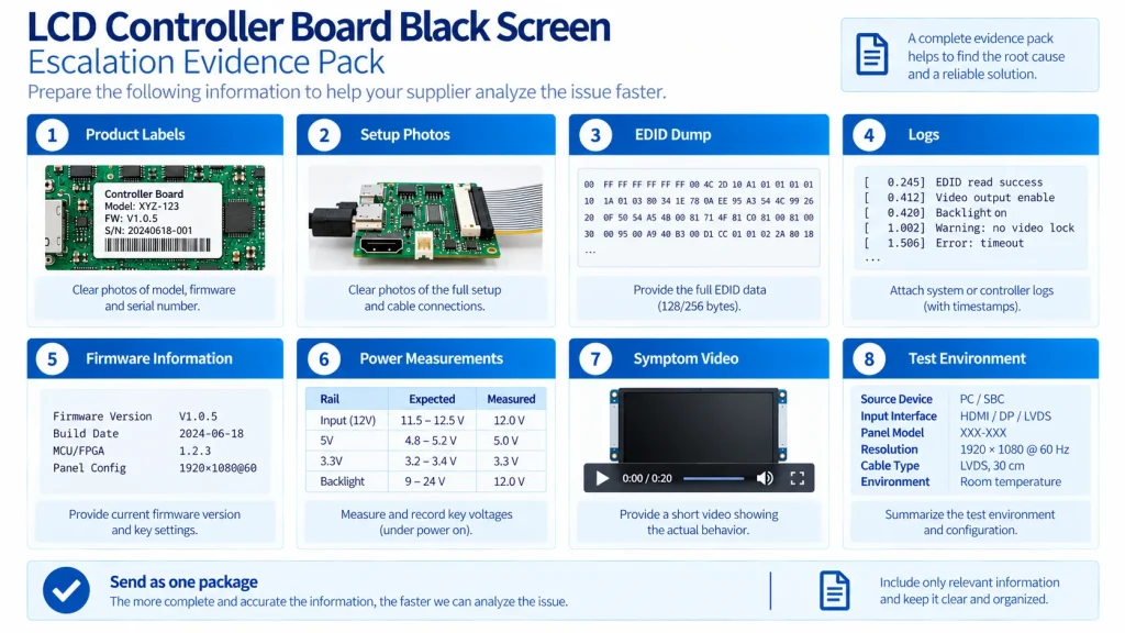 LCD controller escalation evidence pack with EDID, logs, firmware and symptom video