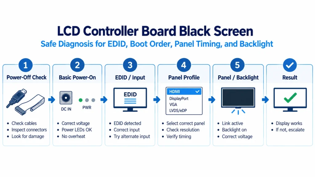 Safe LCD controller black screen diagnostic flow from power-off inspection to panel checks