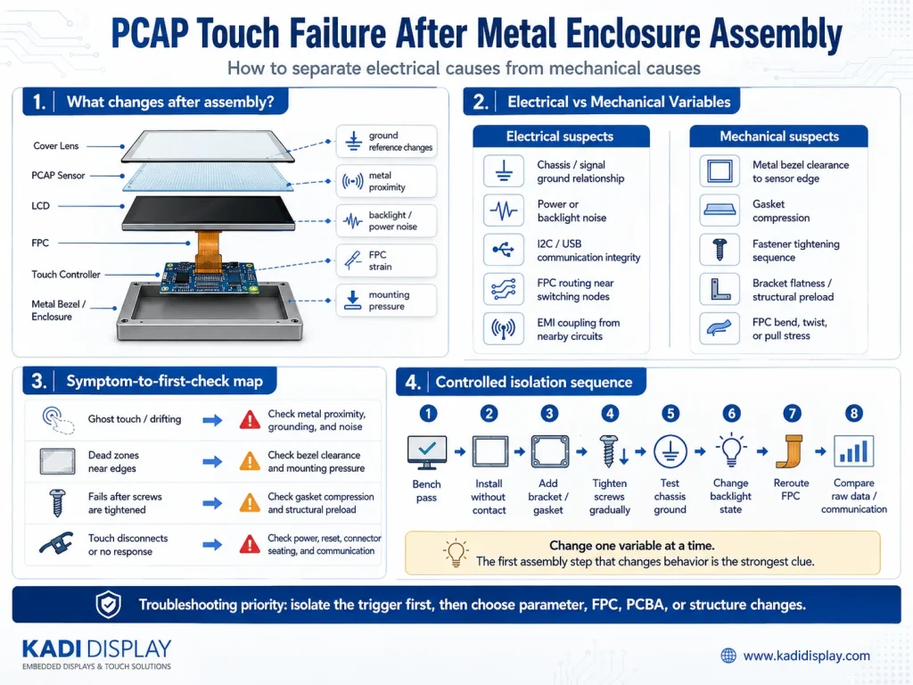 PCAP touchscreen failure after metal enclosure assembly troubleshooting infographic