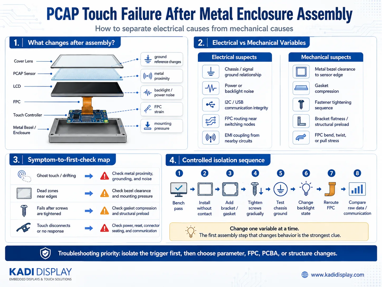 PCAP touchscreen troubleshooting for ghost touch after metal enclosure assembly