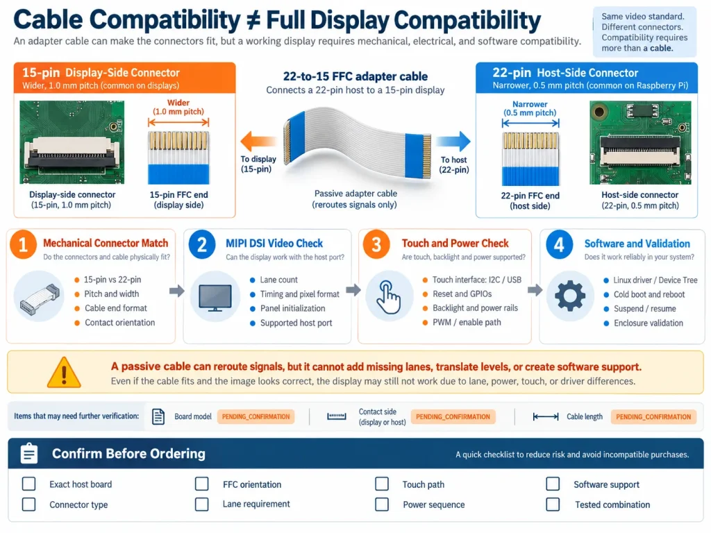 15-pin vs 22-pin Raspberry Pi DSI cable compatibility diagram showing connector, MIPI DSI video, touch, power, and software validation checks