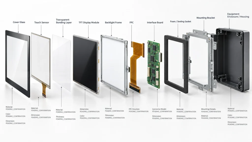Exploded view of a custom display assembly with TFT touch cover glass FPC bonding and mounting