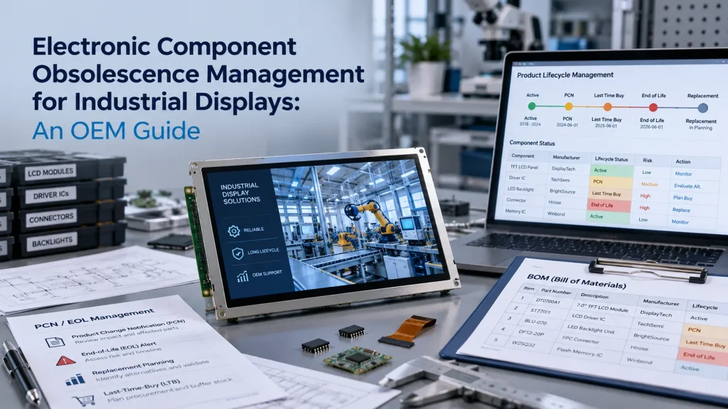 Industrial display module shown with component lifecycle and EOL planning elements