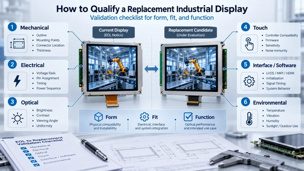 Industrial display replacement qualification checklist comparing EOL and replacement TFT LCD modules across mechanical, electrical, optical, touch, interface, and environmental checks