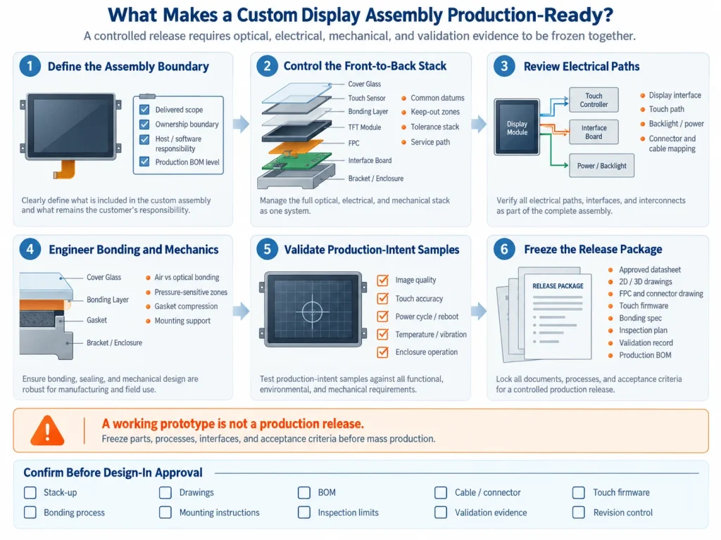 Production-ready custom display assembly workflow showing TFT stack-up, electrical paths, bonding, mechanical design, sample validation, and release documentation