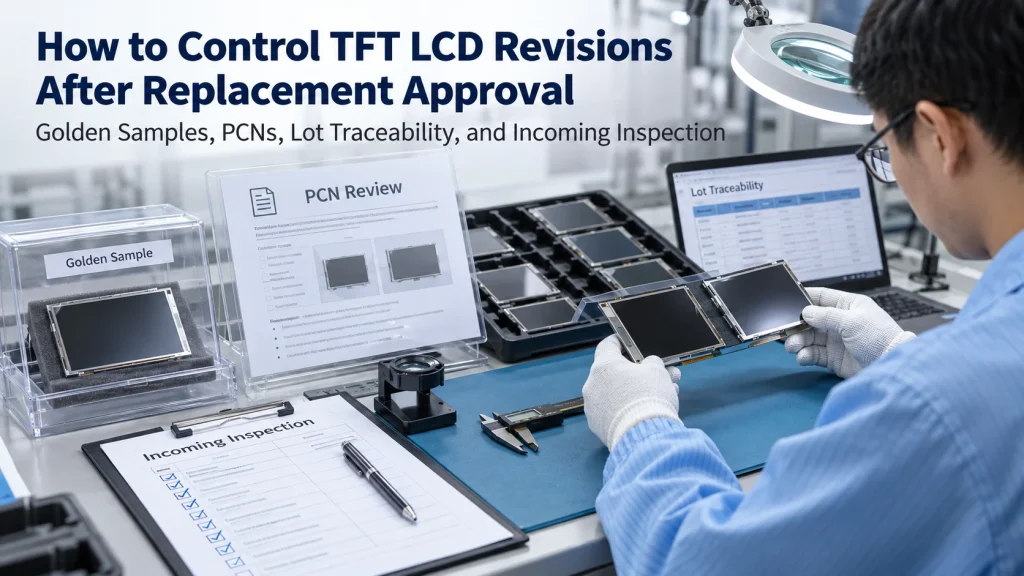 Quality engineer reviewing an approved TFT LCD against revision, PCN, lot traceability, and incoming inspection records