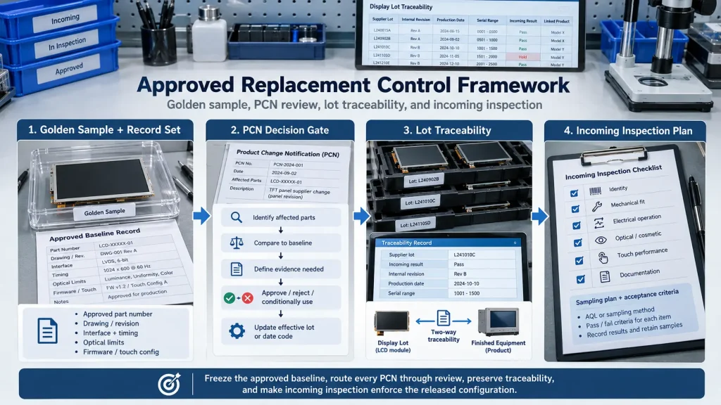 TFT LCD revision control workflow showing golden sample records, PCN review, lot traceability, and incoming inspection after replacement approval