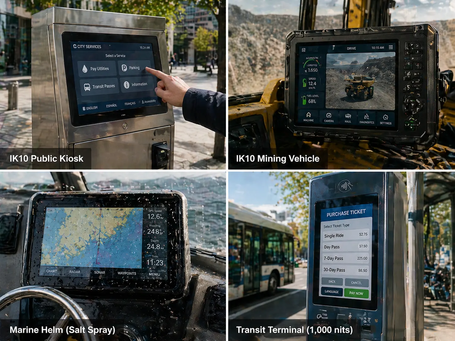 Four outdoor industrial display applications with cover glass examples