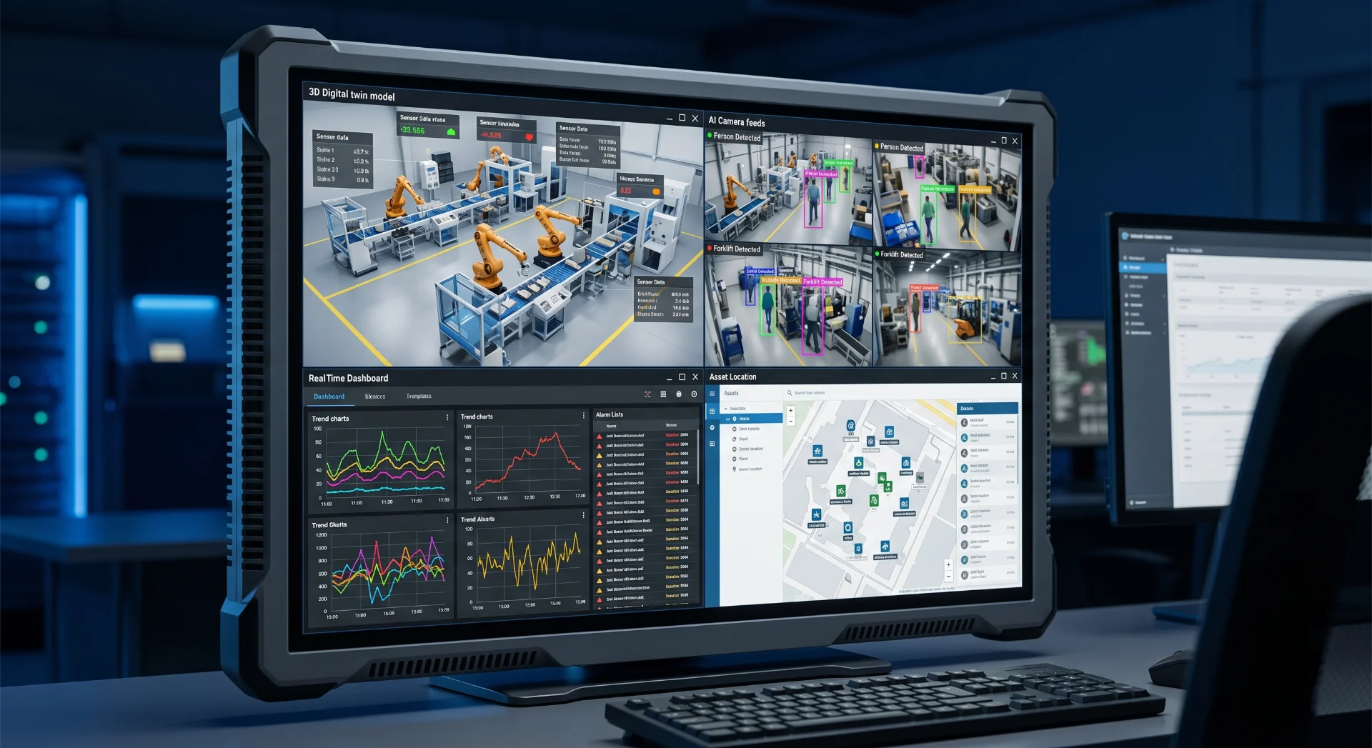 4K industrial command centre display with multi-source video and SCADA data overlay