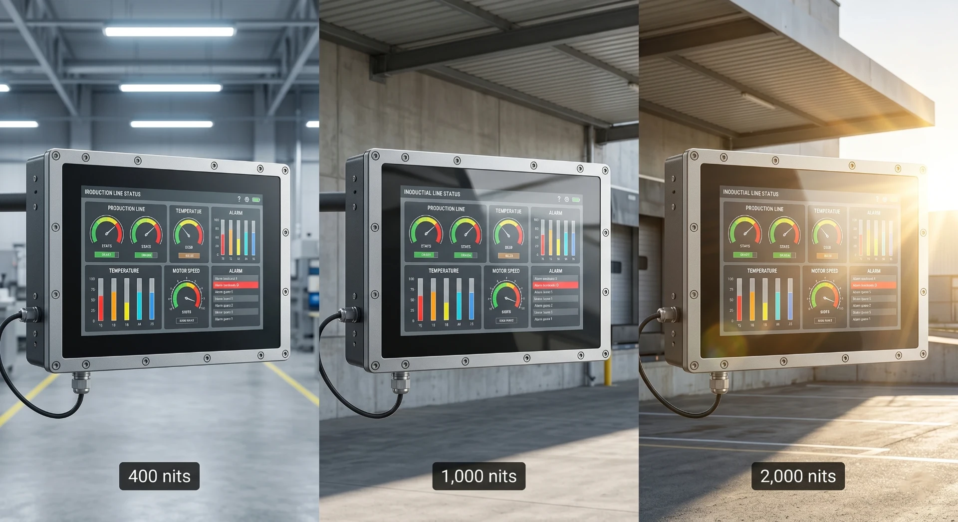 Industrial HMI display in three brightness scenarios — indoor vs semi-outdoor vs direct sunlight