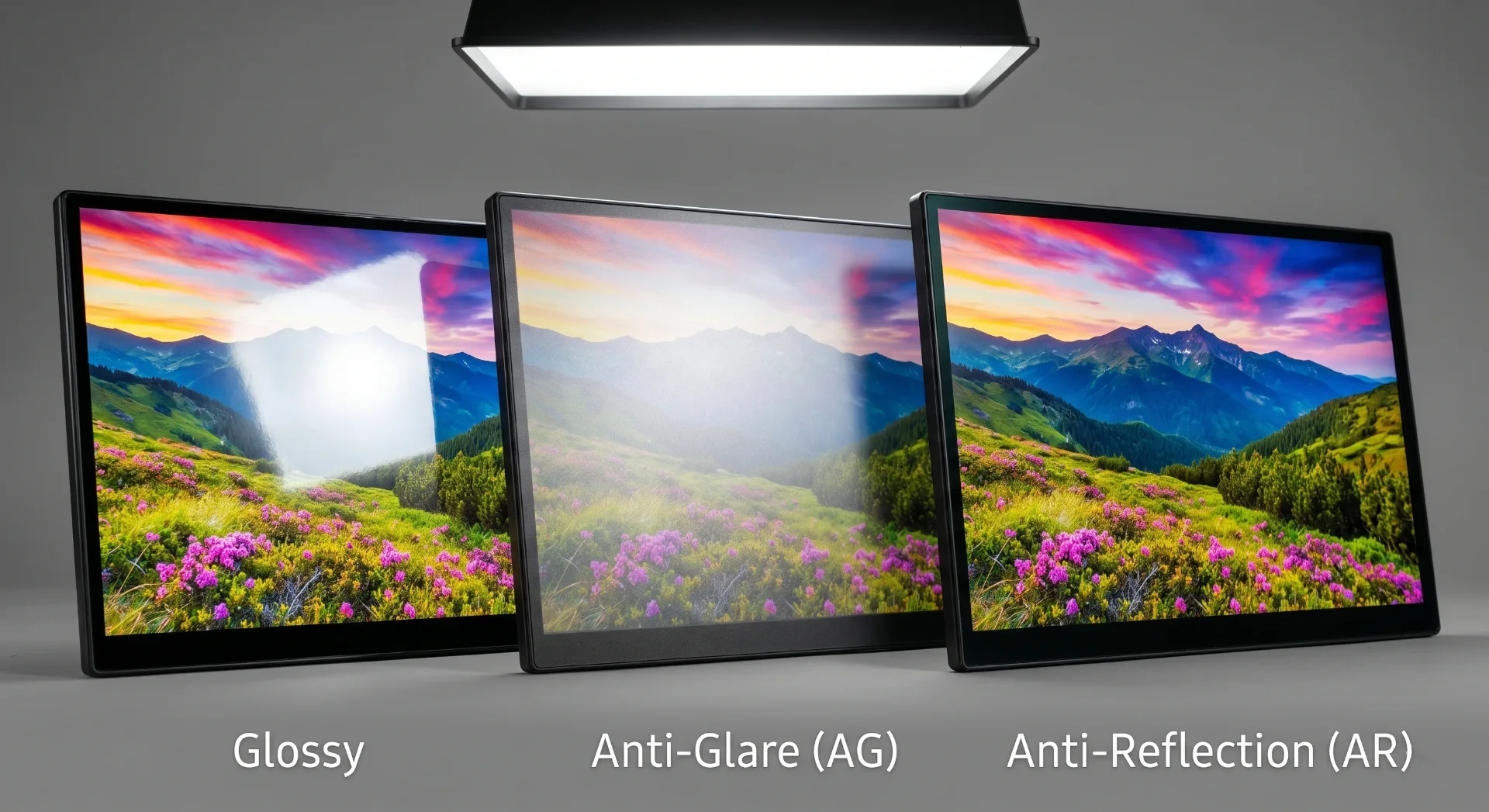 Side-by-side comparison of glossy vs AG vs AR display surface under direct light