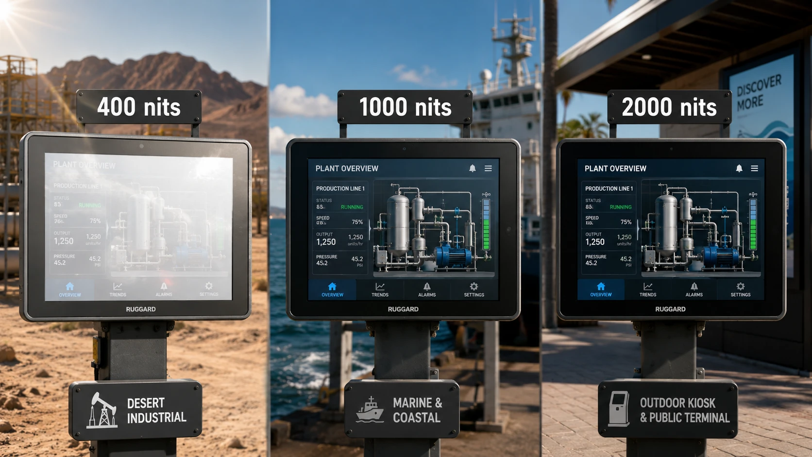 cinematic but realistic outdoor industrial display comparison three rugged screens labeled 400 nits 1000