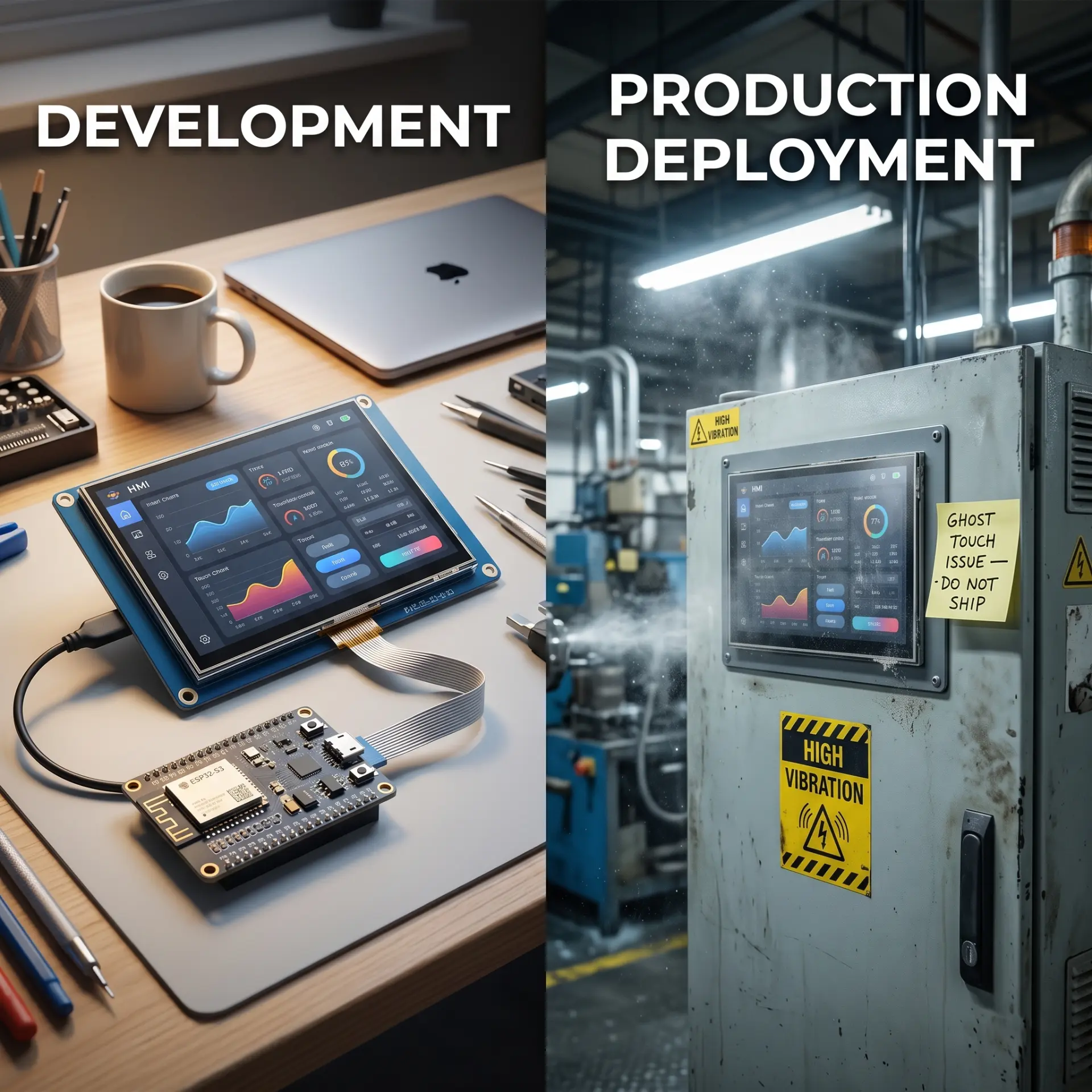 Split scene — developer workbench demo vs. industrial deployment failure environment