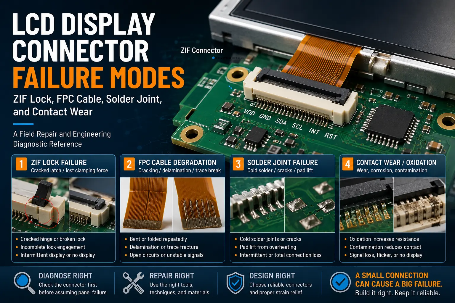 LCD Display Connector Failure Modes: ZIF Lock, FPC Cable, Solder Joint, and Contact Wear