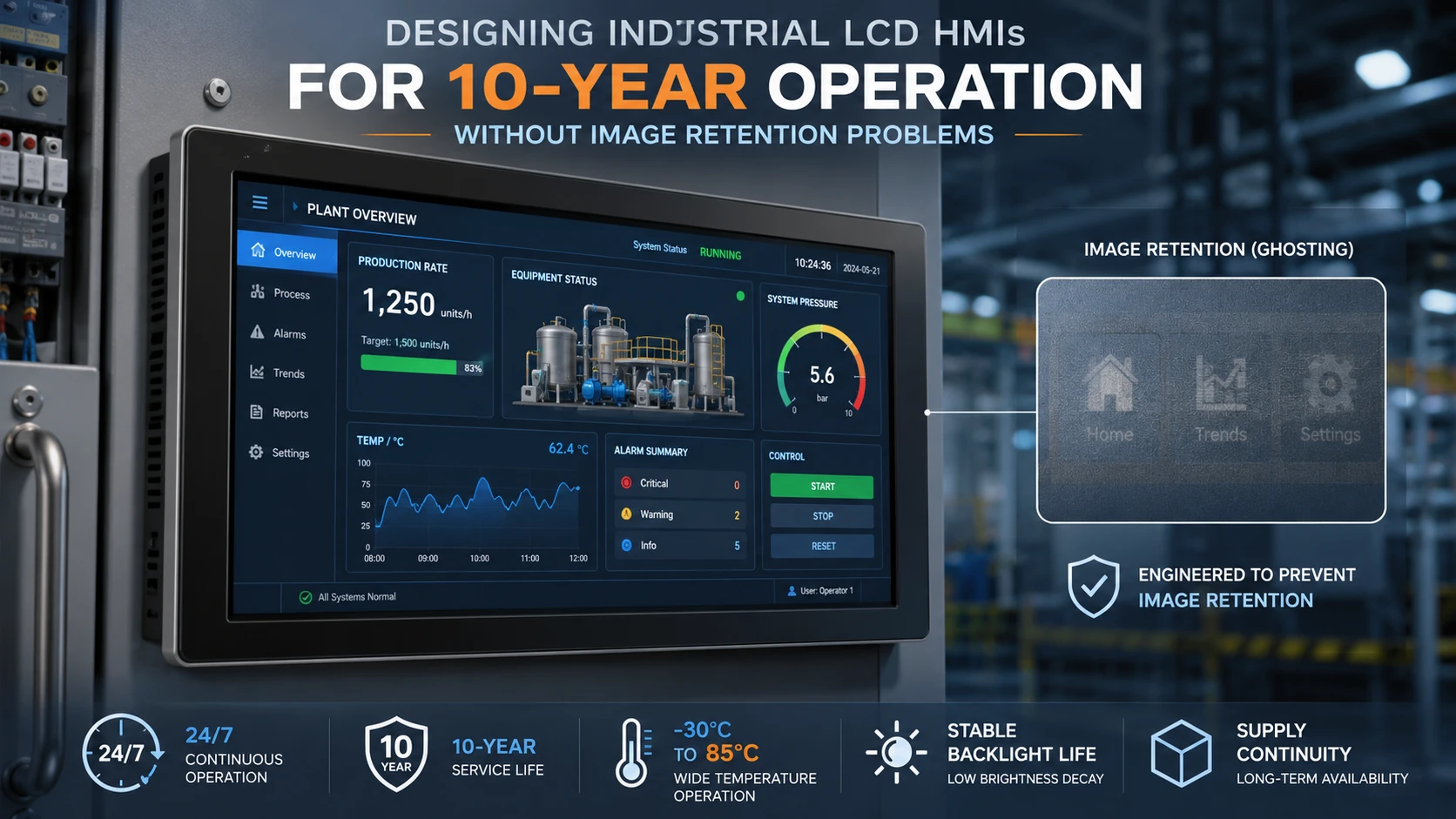 Designing Industrial LCD HMIs for 10-Year Operation Without Image Retention Problems