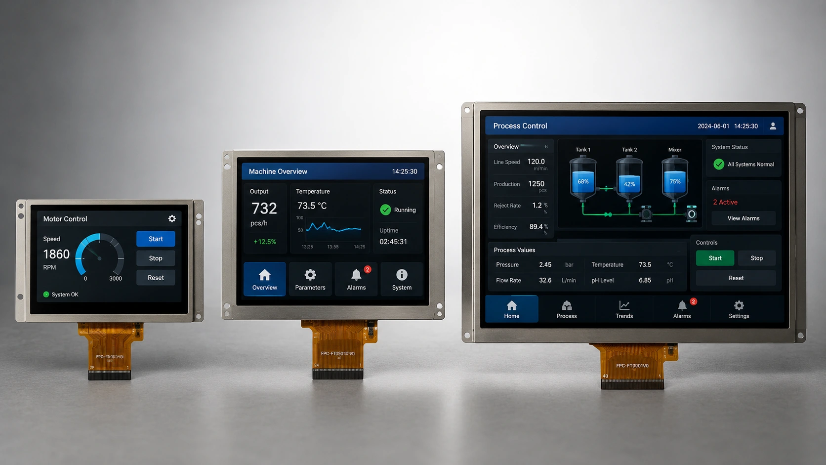 4.3-inch, 5-inch, and 7-inch ESP32-S3 kiosk HMI displays with GT911 touch and LVGL interfaces