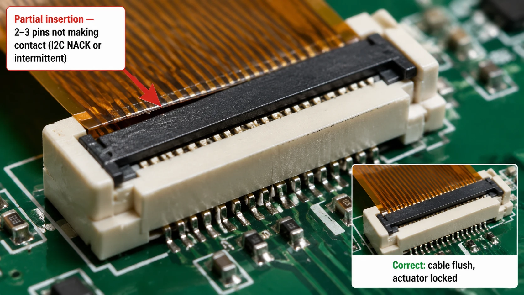 FPC cable partially unseated in ZIF connector — close-up macro photography showing the gap and misalignment causing I2C contact failure