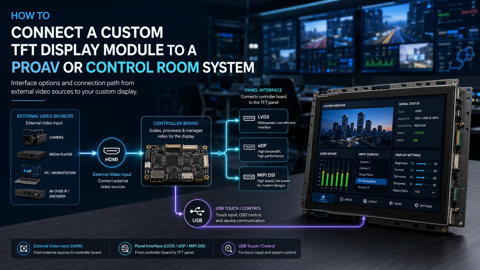 How to Connect a Custom TFT Display Module to a ProAV or Control Room System HDMI, LVDS, eDP, MIPI and USB