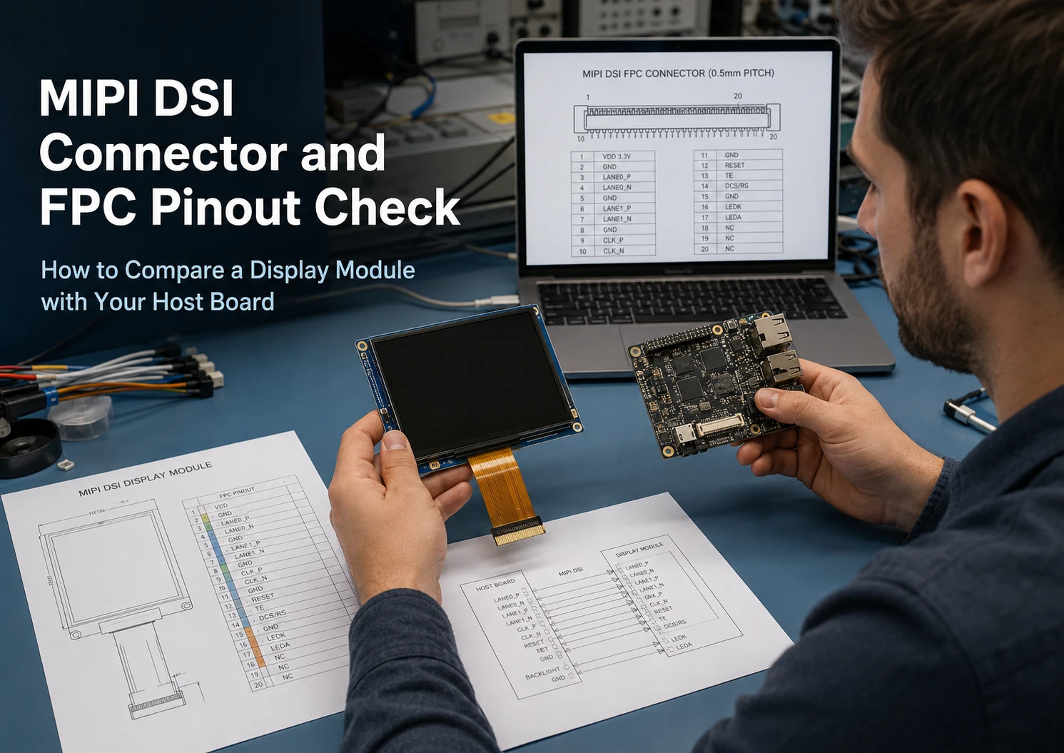 Engineer comparing a MIPI DSI display module and host board while checking the FPC connector pinout