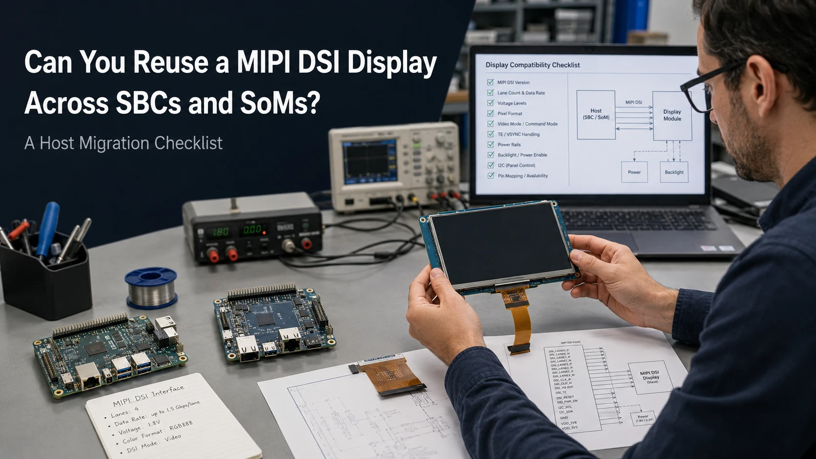 Engineer comparing a MIPI DSI display with two SBC and SoM host boards during a compatibility migration check