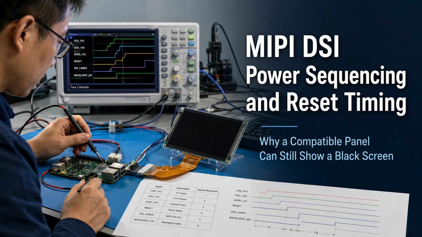 Engineer debugging MIPI DSI display power sequencing and reset timing with host board