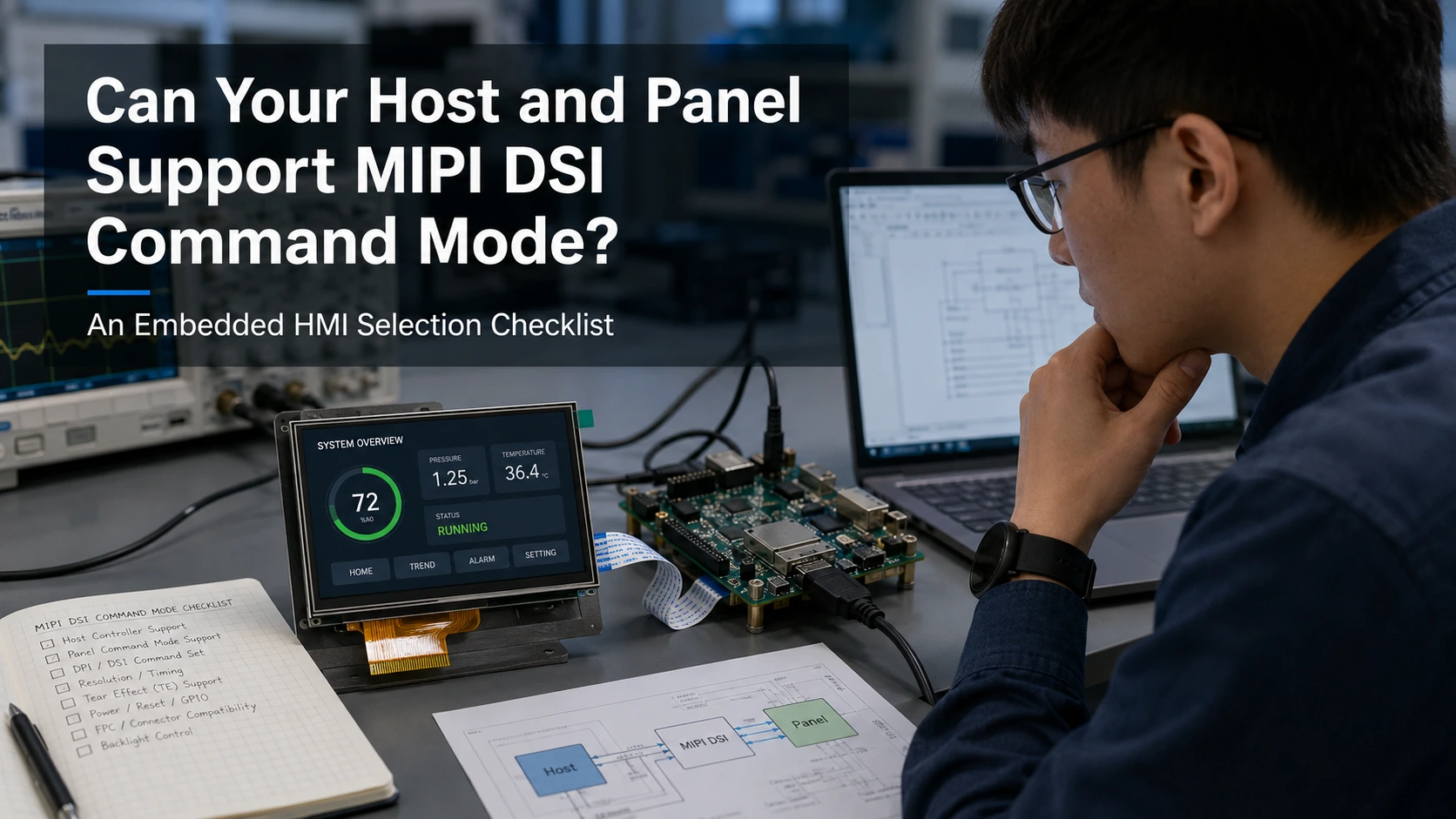Engineer evaluating a MIPI DSI Command Mode display, host board, panel GRAM, and embedded HMI compatibility
