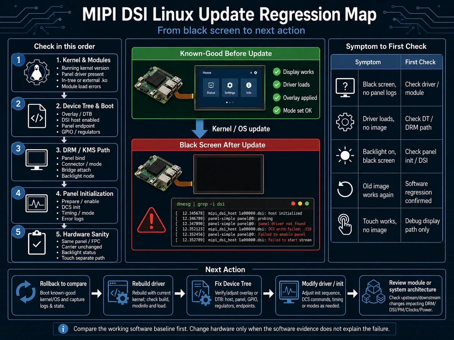 MIPI DSI Linux update regression map showing kernel driver, Device Tree, DRMKMS, panel initialization, and troubleshooting actions