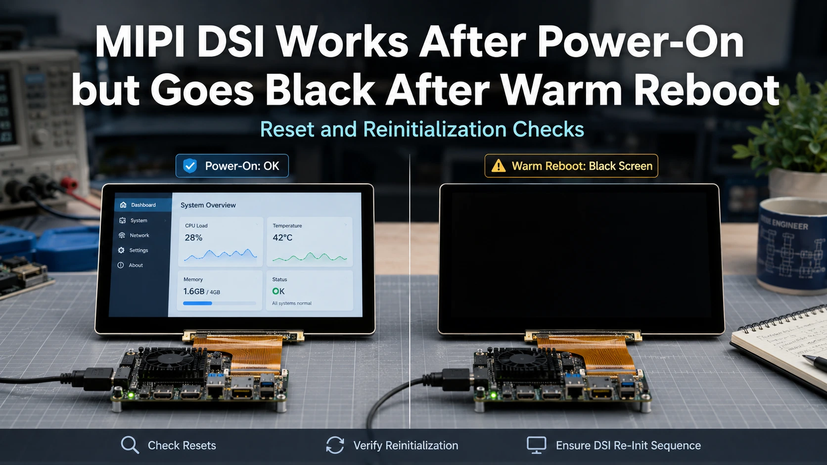 MIPI DSI Works After Power-On but Goes Black After Warm Reboot Reset and Reinitialization Checks
