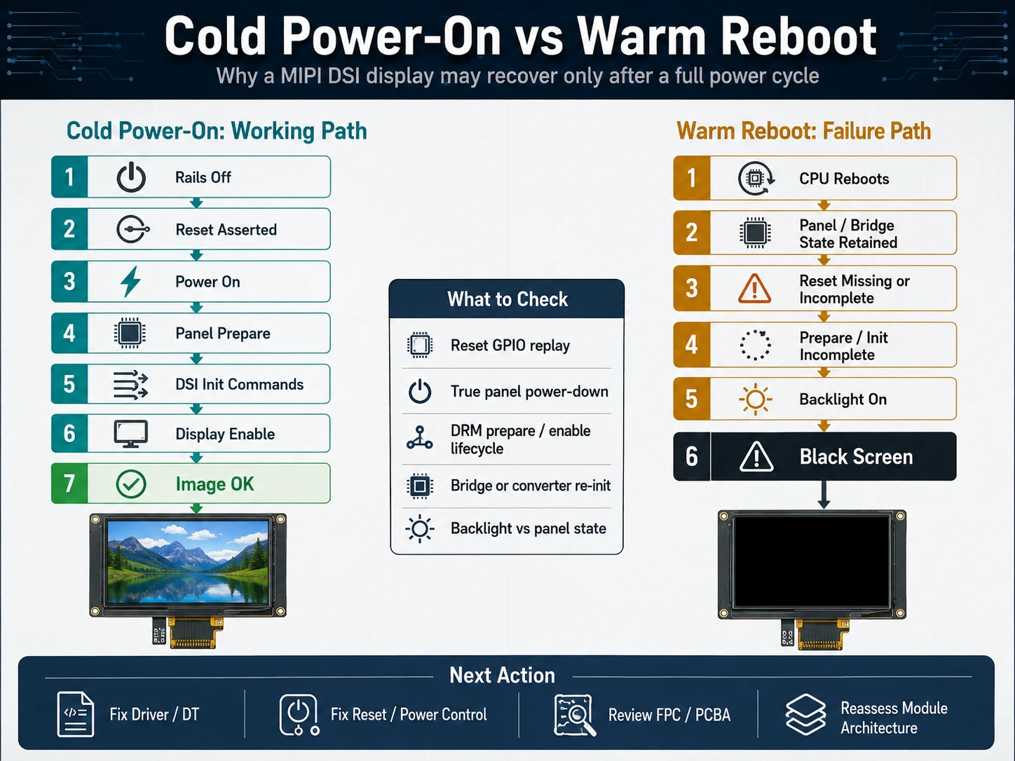 MIPI DSI cold power-on vs warm reboot diagram showing reset, panel power-down, DRM lifecycle, reinitialization, and black screen failure