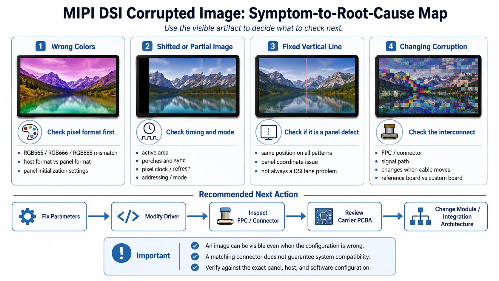 MIPI DSI corrupted image troubleshooting map showing wrong colors, timing errors, fixed vertical lines, FPC issues, and root-cause checks